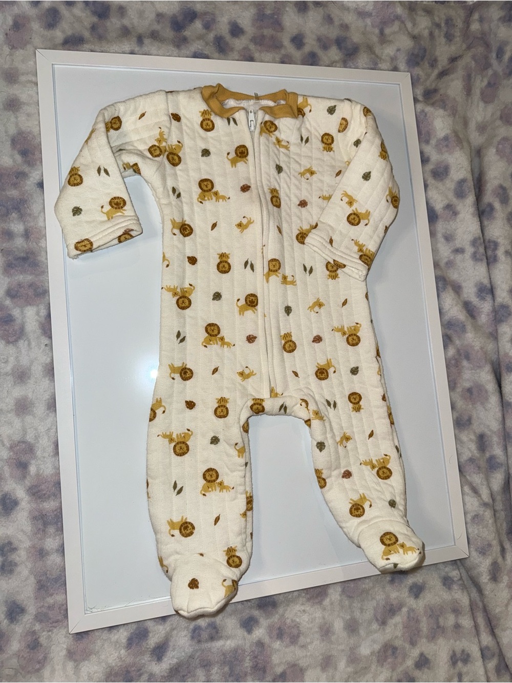 chick pea Cream Footed One-Piece with Mustard Lion Print